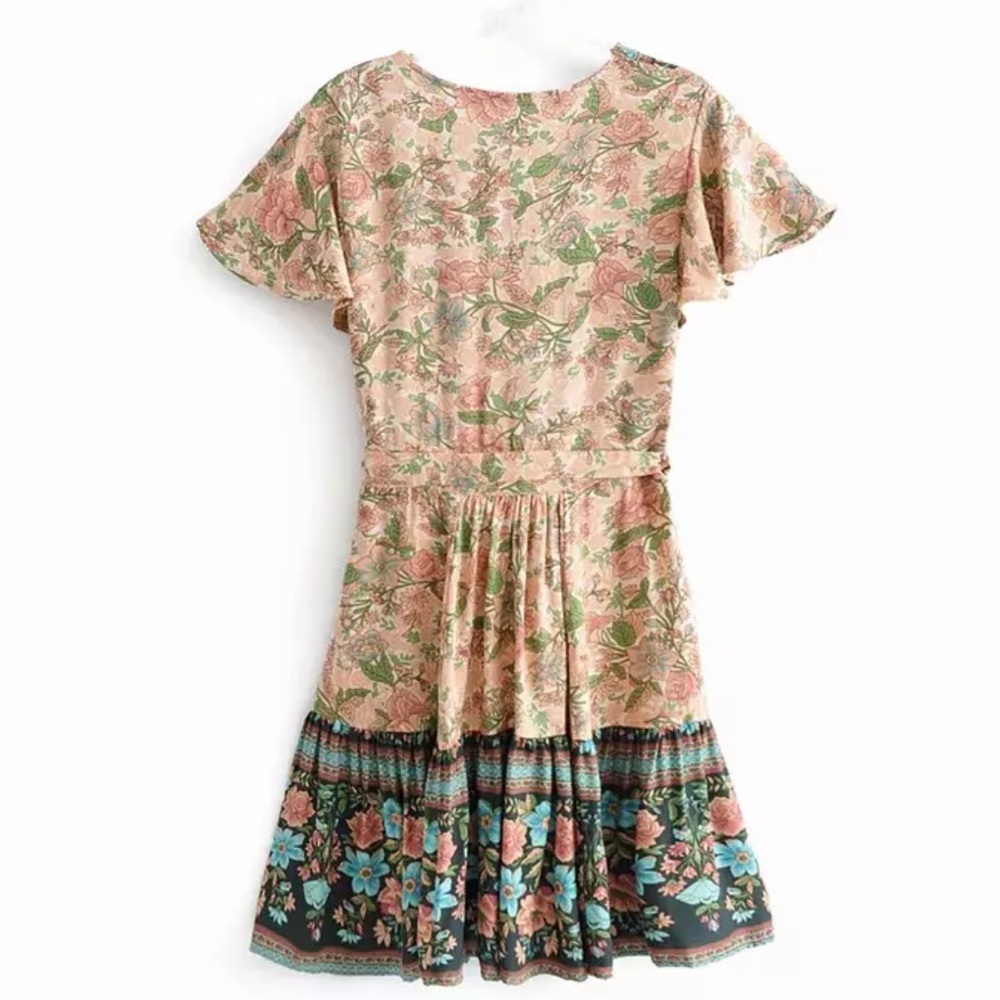 Boho Floral Gypsy Print 70’s Wrap Dress Cream Blue - Picture 6 of 10